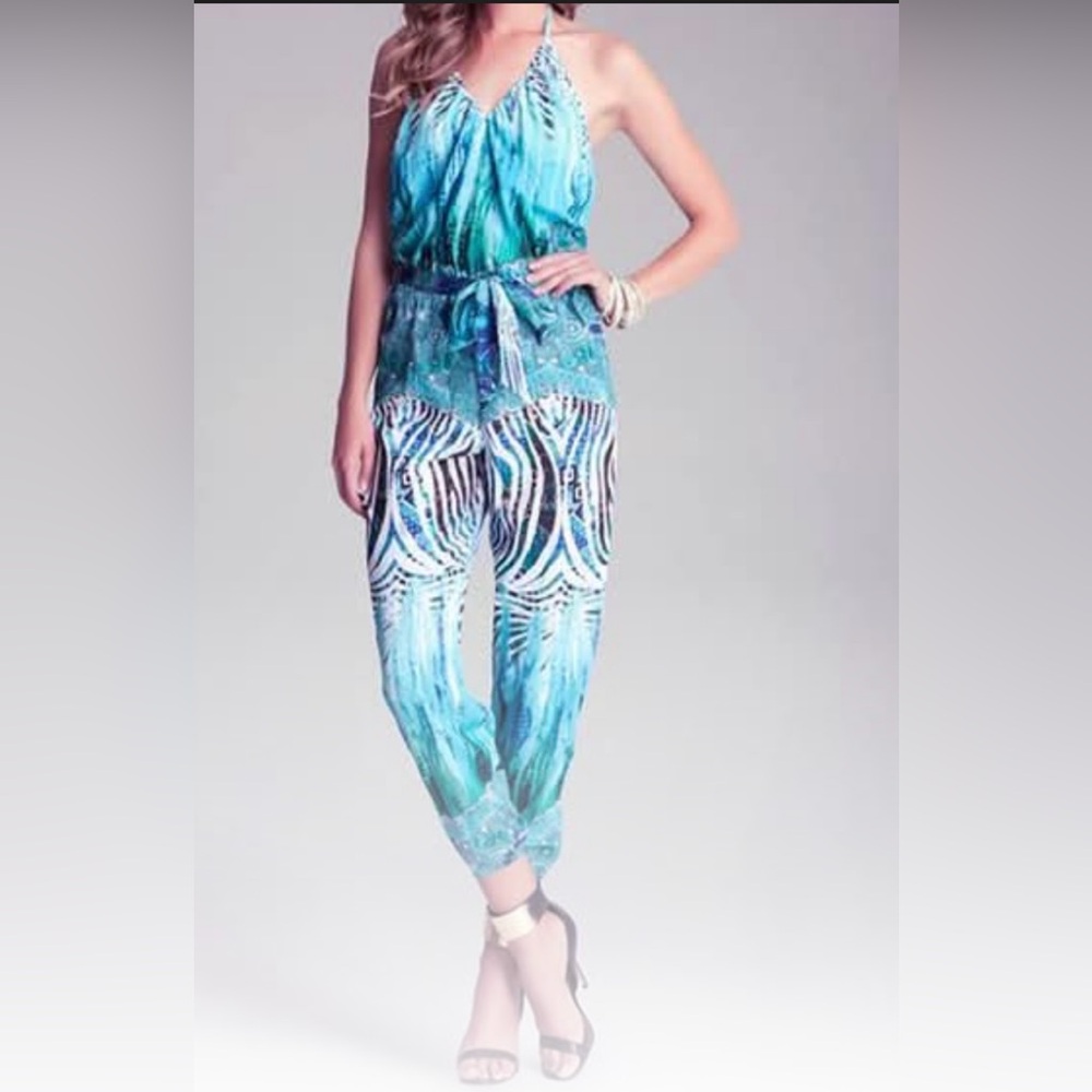 NWOT - Teal and White Patterned Backless Jumpsuit
